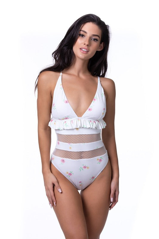 Beige Floral Ruffled Trim Mesh One Piece Swimsuit from My Pampered Life Seattle