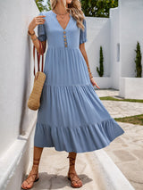 Perfee Decorative Button Notched Short Sleeve Midi Dress from Enfance-Heureuse