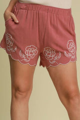 Umgee Full Size Linen Blend Shorts with Floral Embroidered Details Plus Size from Enfance-Heureuse
