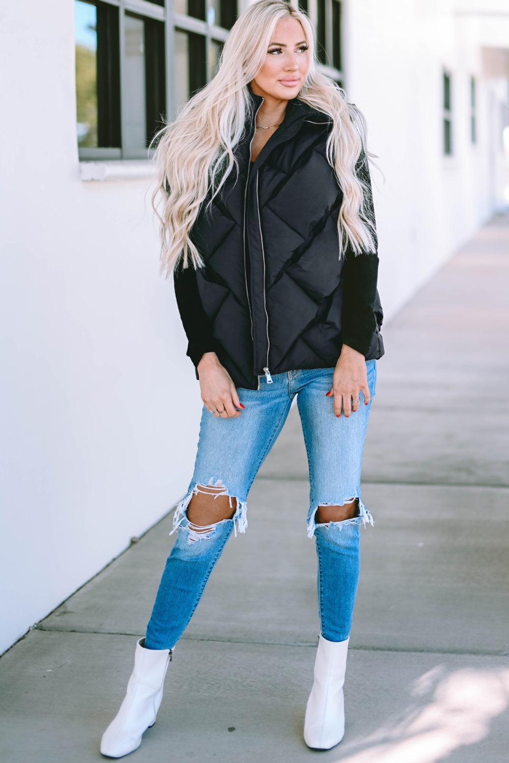 Black Quilted Zipper Front Hooded Vest Coat From MsDressly
