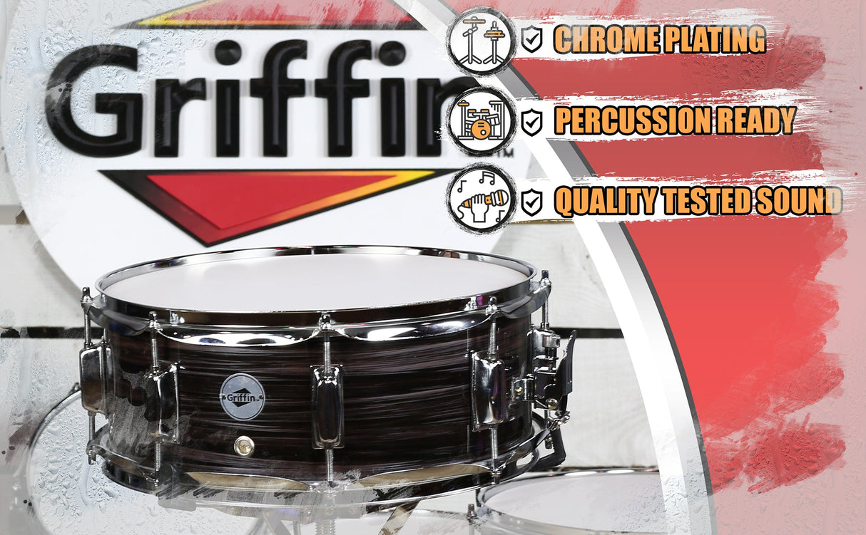 Deluxe Snare Drum by GRIFFIN - 14" x 5.5" Poplar Wood Shell with Zebra PVC Glossy Finish from GeekStands