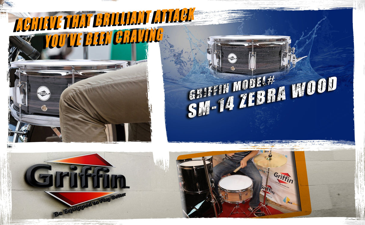Deluxe Snare Drum by GRIFFIN - 14" x 5.5" Poplar Wood Shell with Zebra PVC Glossy Finish from GeekStands