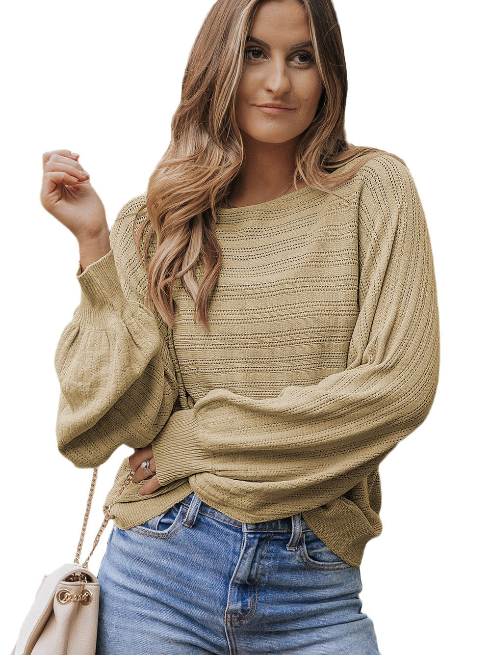 Apricot Eyelets Textured Lantern Sleeve Knit Jumper from MsDressly