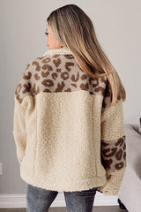 Beige Leopard Patchwork Snap Buttons Sherpa Jacket from MsDressly