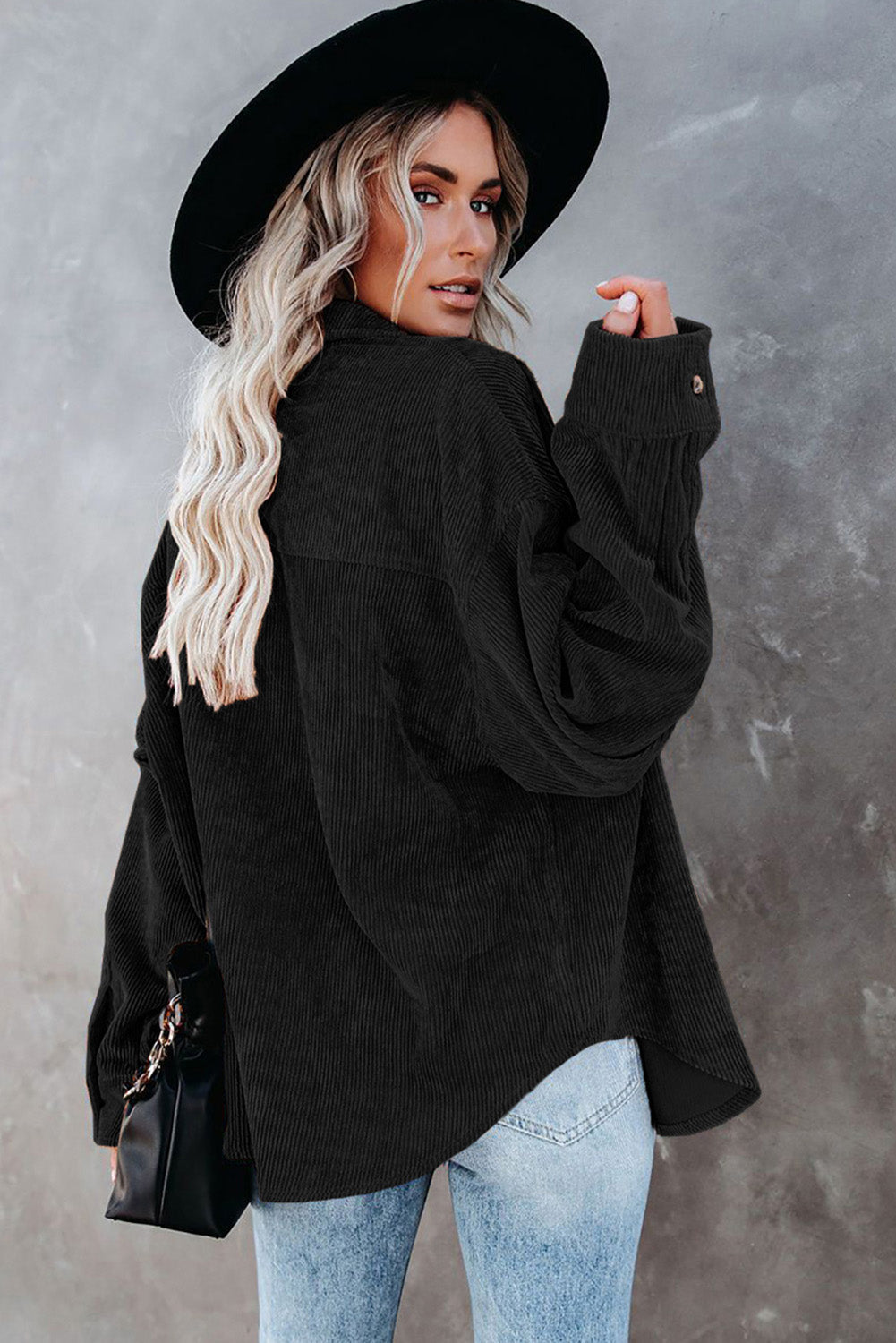 Black Beads Stud Corduroy Button up Shacket from MsDressly