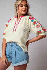 Beige Floral Embroidered Ricrac Puff Sleeve Textured Blouse from MsDressly
