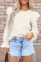 Beige Ruffled Flounce Sleeve Corduroy Blouse from MsDressly