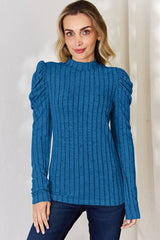 Basic Bae Full Size Ribbed Mock Neck Puff Sleeve T-Shirt from Enfance-Heureuse