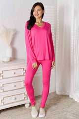 Basic Bae Full Size V-Neck Soft Rayon Long Sleeve Top and Pants Lounge Set from Enfance-Heureuse