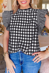 Black Checkered Ruffled Sleeve Frilled Neck Blouse from MsDressly