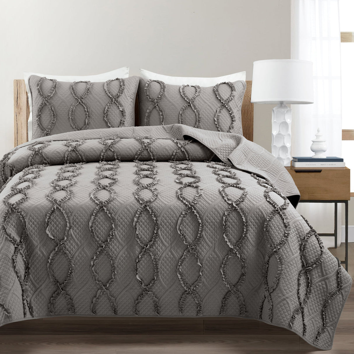 Avon Textured Ruffle Quilt 3 Piece Set from LushDecor
