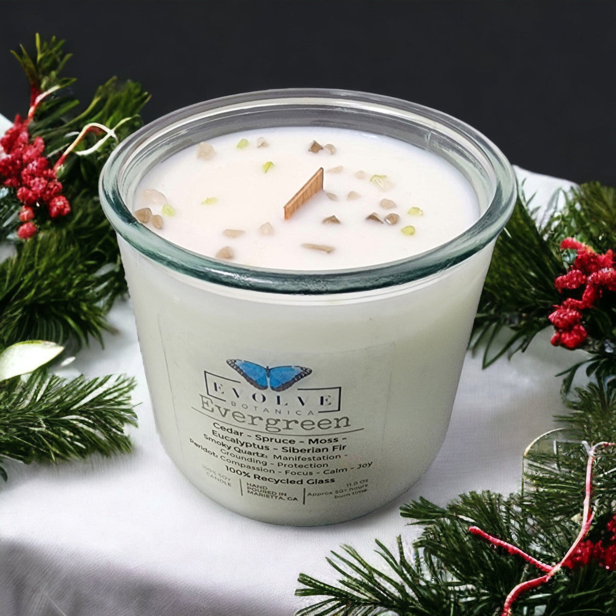 Rocks Candle - Evergreen (Wood Wick Peridot & Smoky Quartz Gemstone Soy Candle) from Evolve Botanica