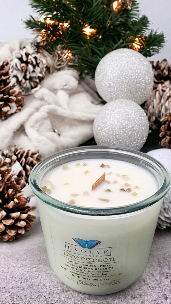 Rocks Candle - Evergreen (Wood Wick Peridot & Smoky Quartz Gemstone Soy Candle) from Evolve Botanica