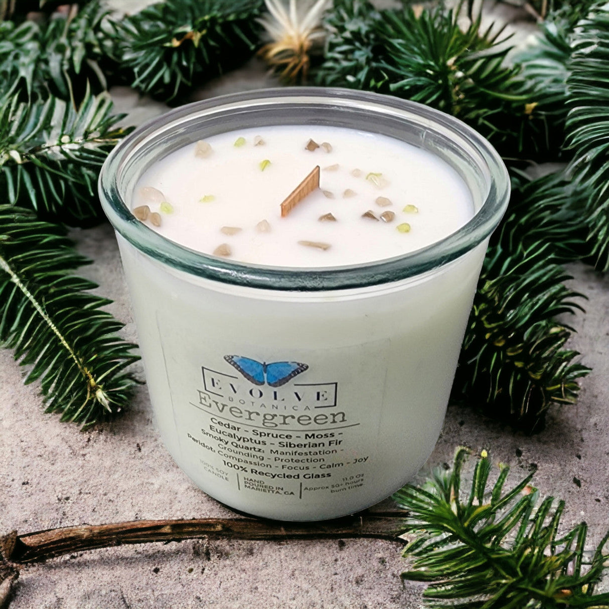 Rocks Candle - Evergreen (Wood Wick Peridot & Smoky Quartz Gemstone Soy Candle) from Evolve Botanica