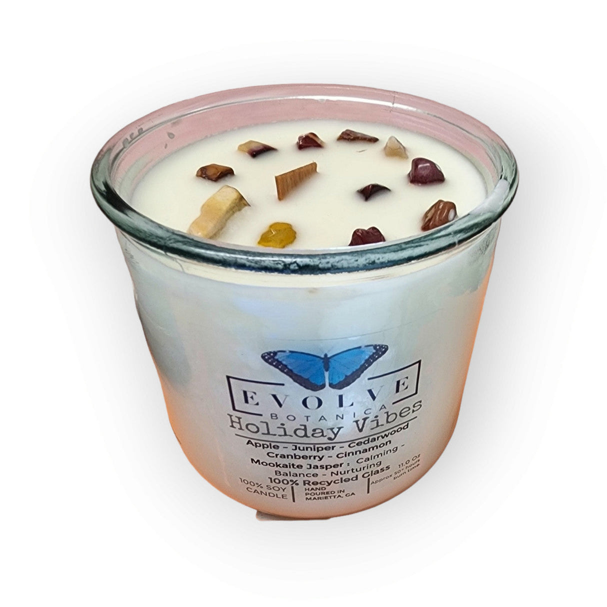 Rocks Candle - Holiday Vibes (Wood Wick Mookaite Gemstone Soy Candle) from Evolve Botanica