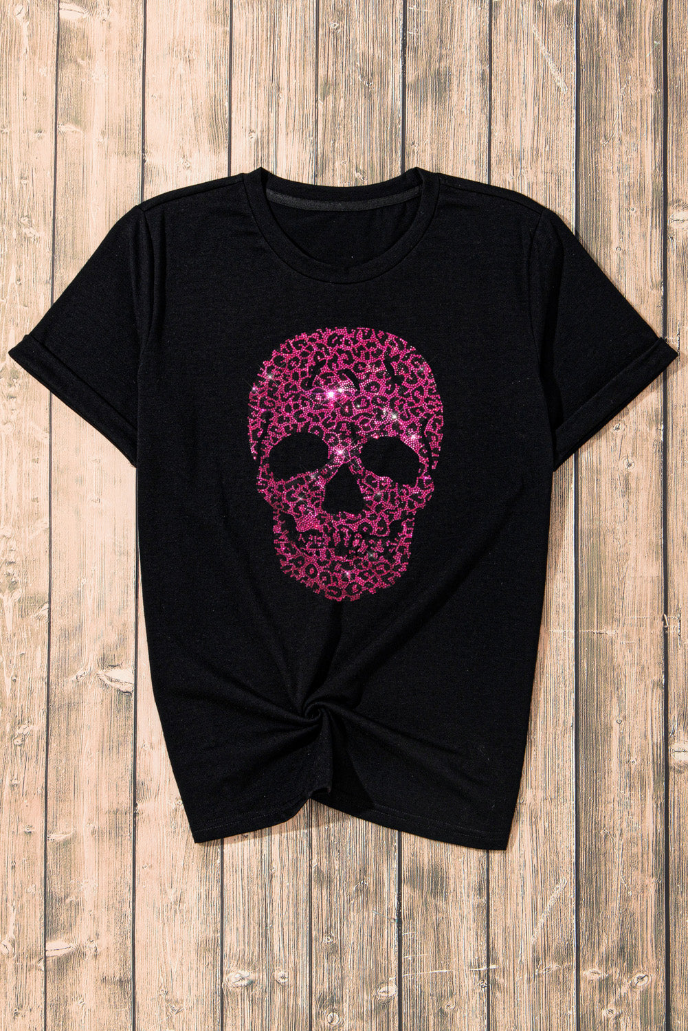 Black Rhinestone Leopard Skull Graphic Crewneck Casual T Shirt from MsDressly