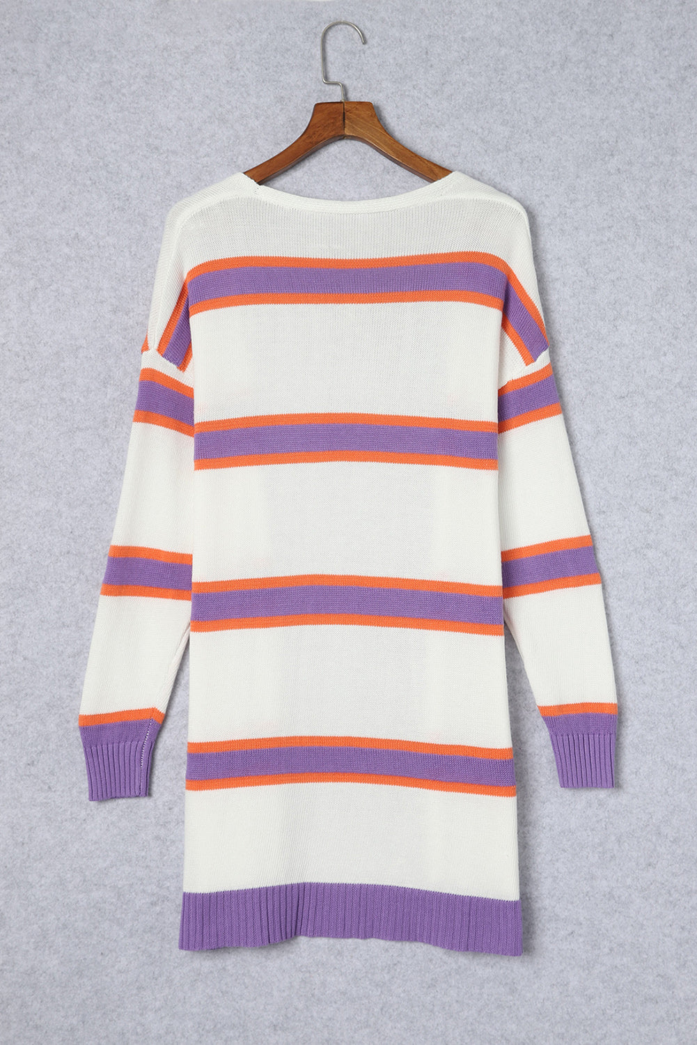 Beige Button-Up Striped Cardigan with Ribbed Trim and Long Sleeves from MsDressly