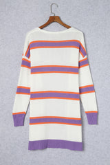 Beige Button-Up Striped Cardigan with Ribbed Trim and Long Sleeves from MsDressly