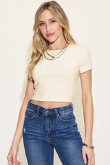 Basic Bae Full Size Ribbed Round Neck Short Sleeve T-Shirt from Enfance-Heureuse