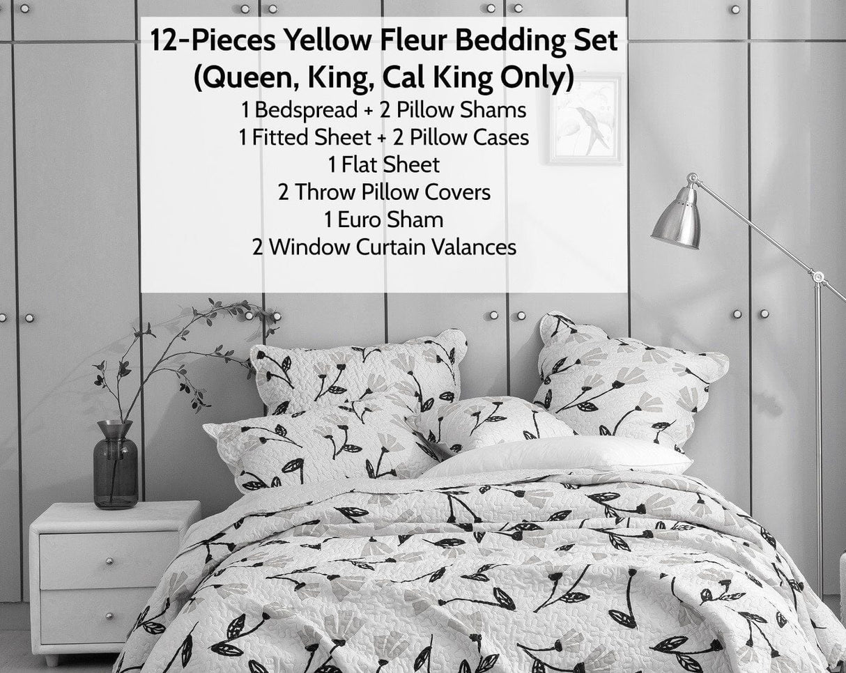 DaDa Bed in a Bag Bundle Set - Yellow Fleur Botanical Ivory Tan Floral Bedding Set (18112) from DaDalogy Bedding Collection