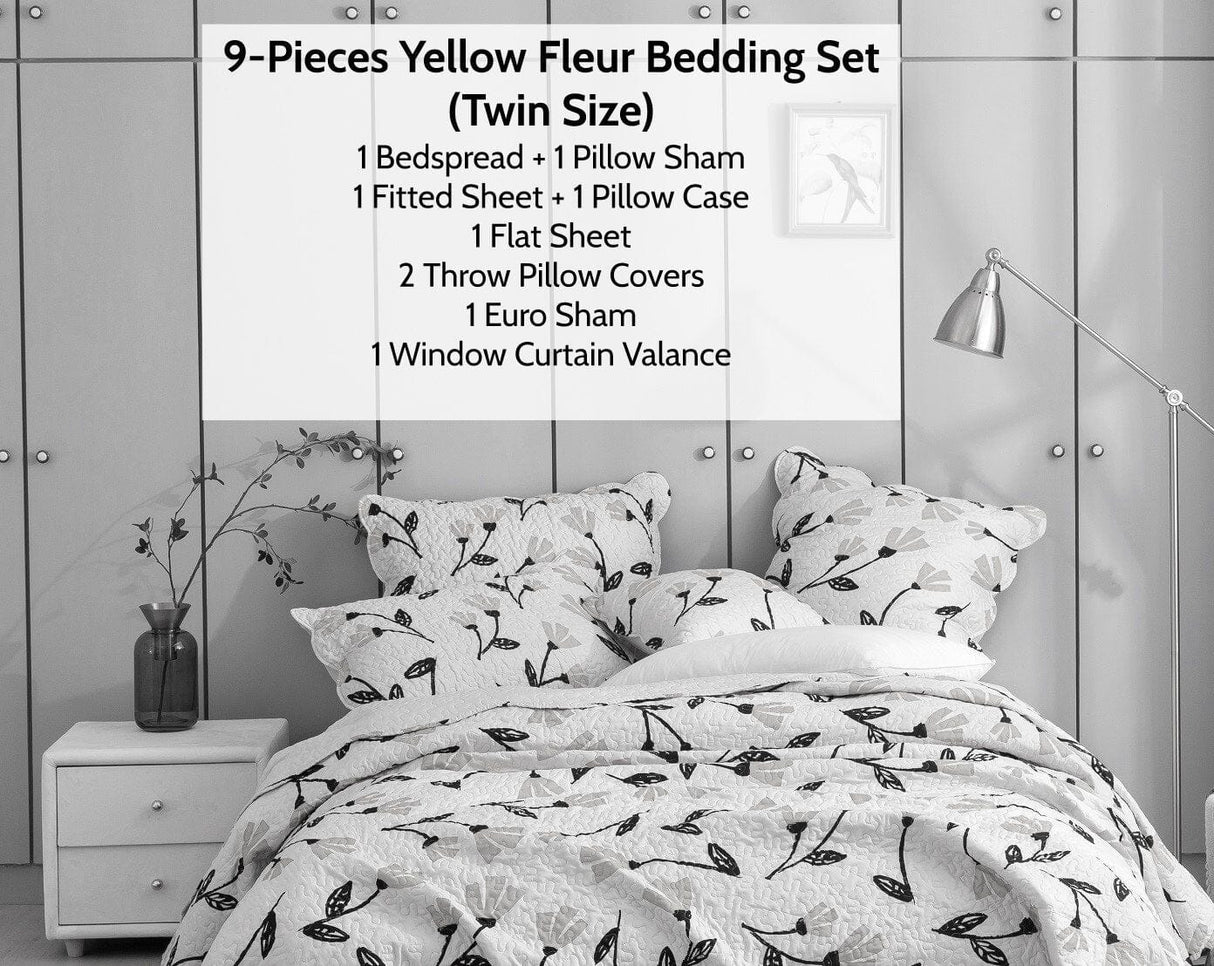 DaDa Bed in a Bag Bundle Set - Yellow Fleur Botanical Ivory Tan Floral Bedding Set (18112) from DaDalogy Bedding Collection