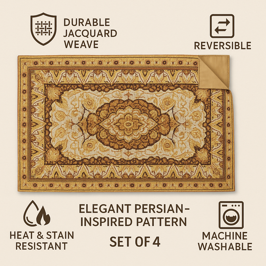 DaDa Bedding Set of 4-6 Pieces Royal Persian Style Rug Golden Brown Floral Tapestry Placemats 13” x 19” (18119) from DaDalogy Bedding Collection