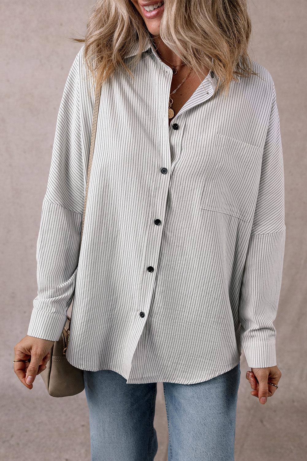 Black Stripe Roll-tab Sleeve Pocketed Long Shirt from MsDressly