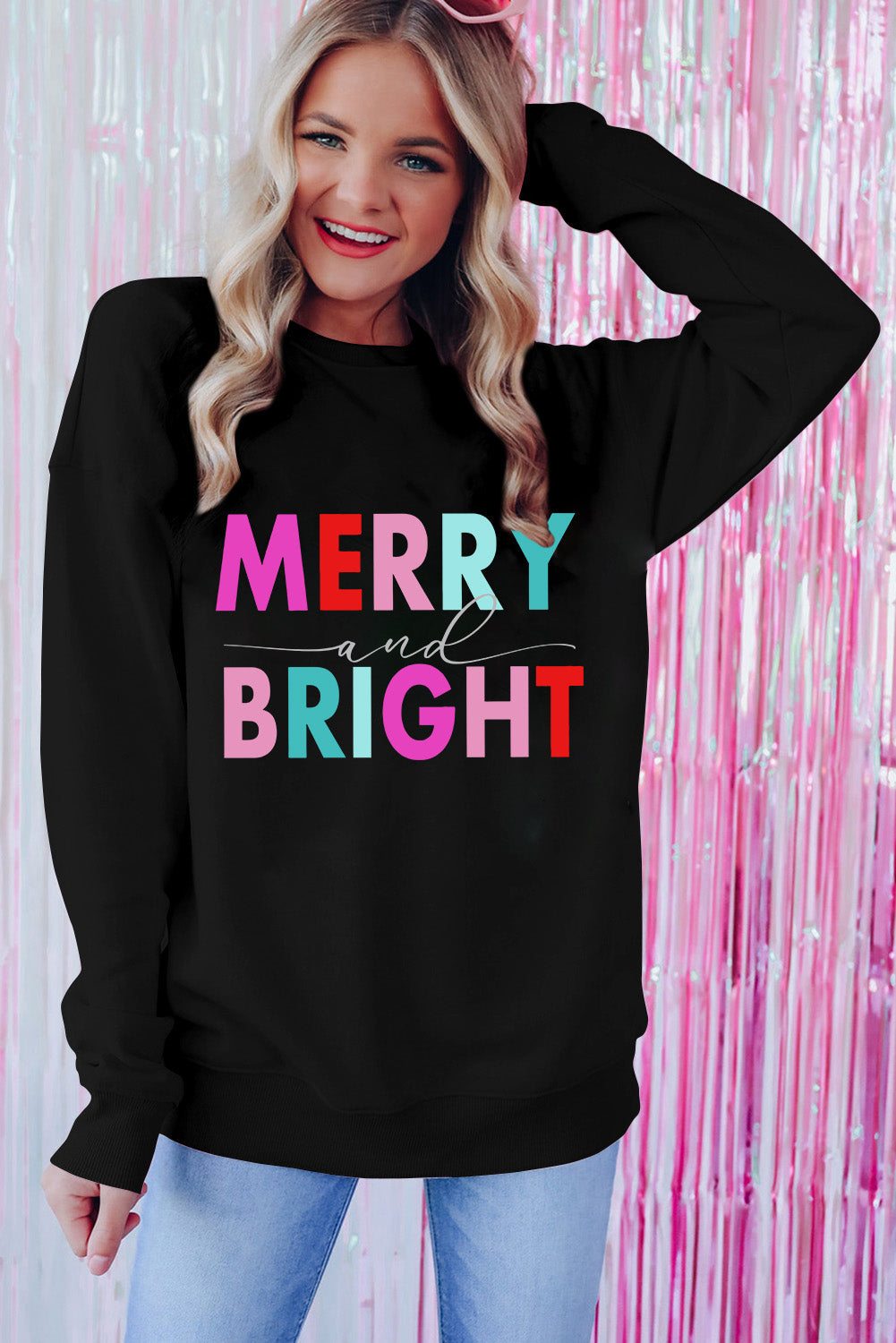 Black Colorful MERRY and BRIGHT Graphic Sweatshirt from MsDressly