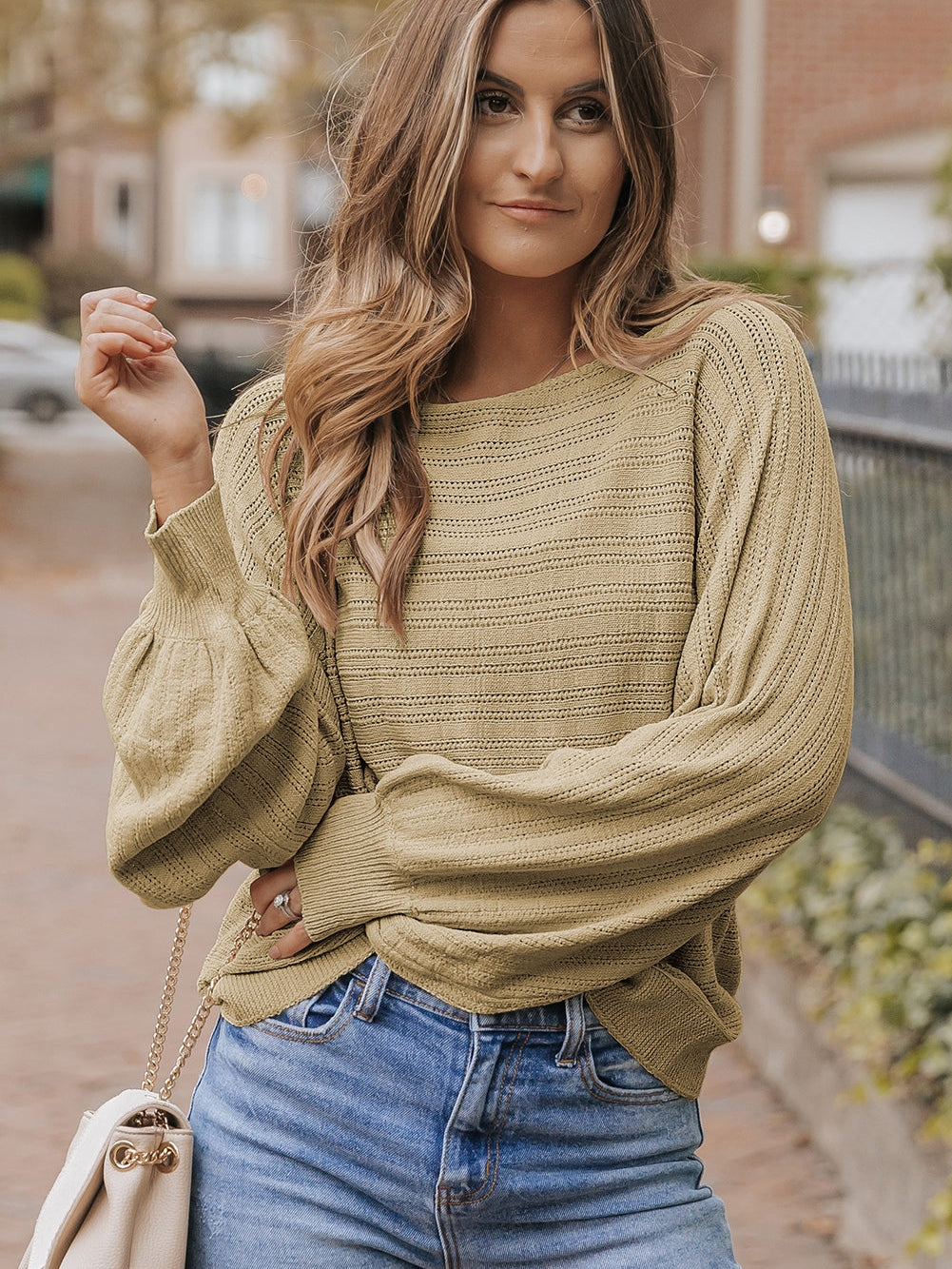 Apricot Eyelets Textured Lantern Sleeve Knit Jumper from MsDressly