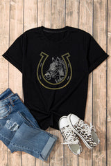 Black Rhinestone Horse & Horseshoe Graphic T Shirt from MsDressly