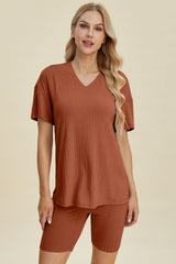 Basic Bae Full Size Ribbed V-Neck Short Sleeve Top and Shorts Set from Enfance-Heureuse