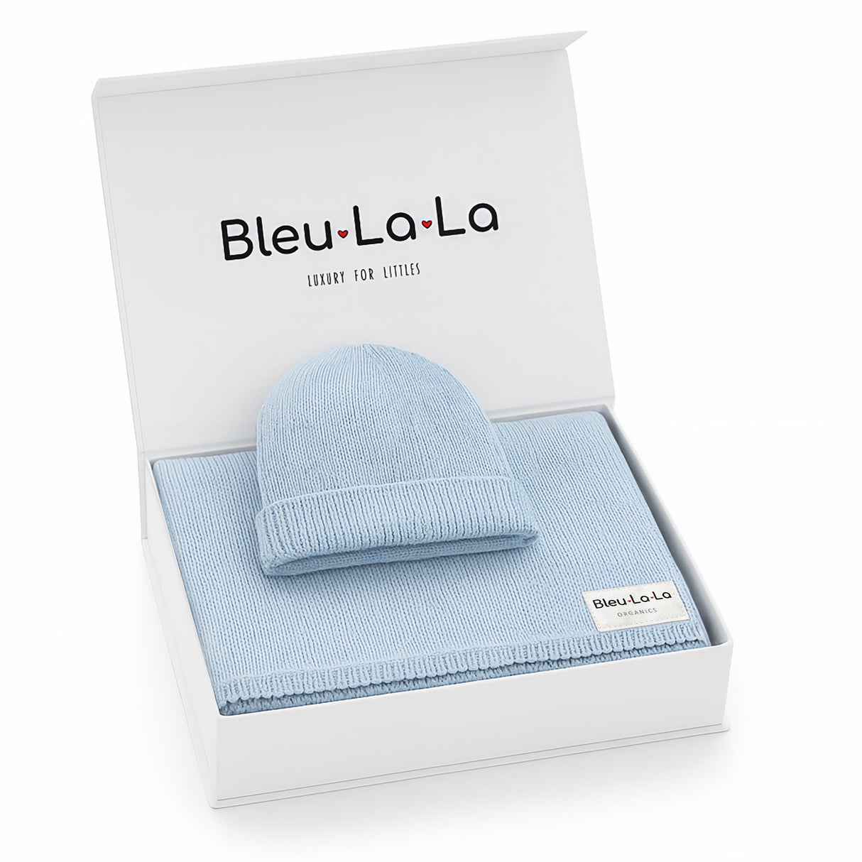 Luxe Collection 100% Organic Cotton Luxury Knit Baby Blanket + Hat Set with Gift Box from Bleu La La