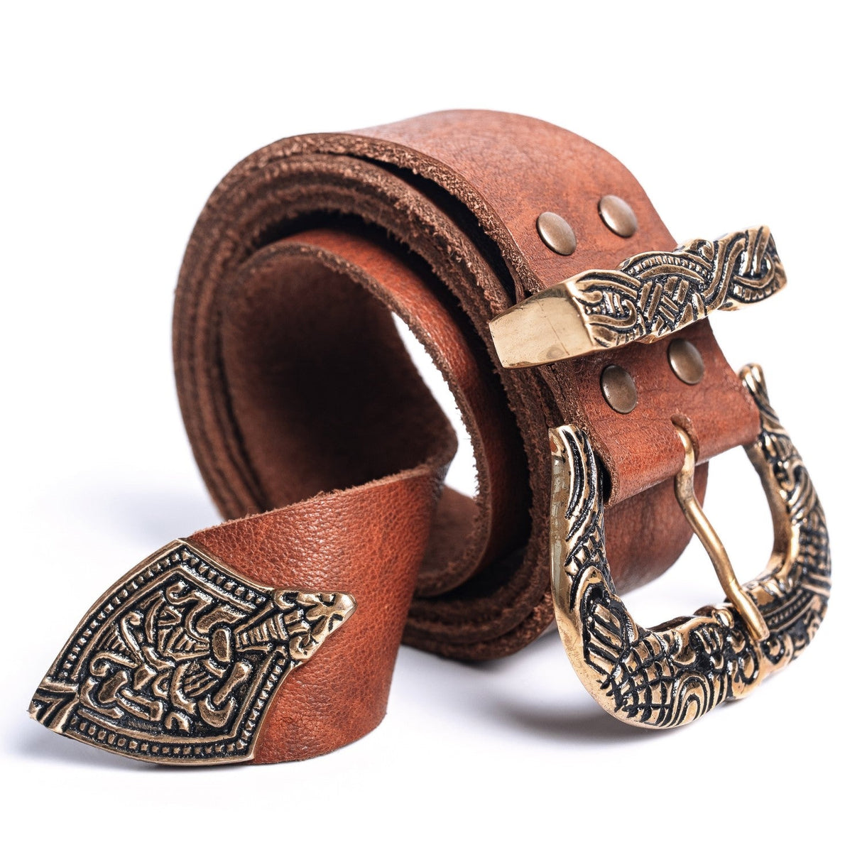 Brown Leather Belt with Brass Buckle & Tip from Norse Tradesman