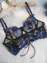 Black&Blue Floral Embroidery Ribbon Lingerie Set From Hello.LA.Girl