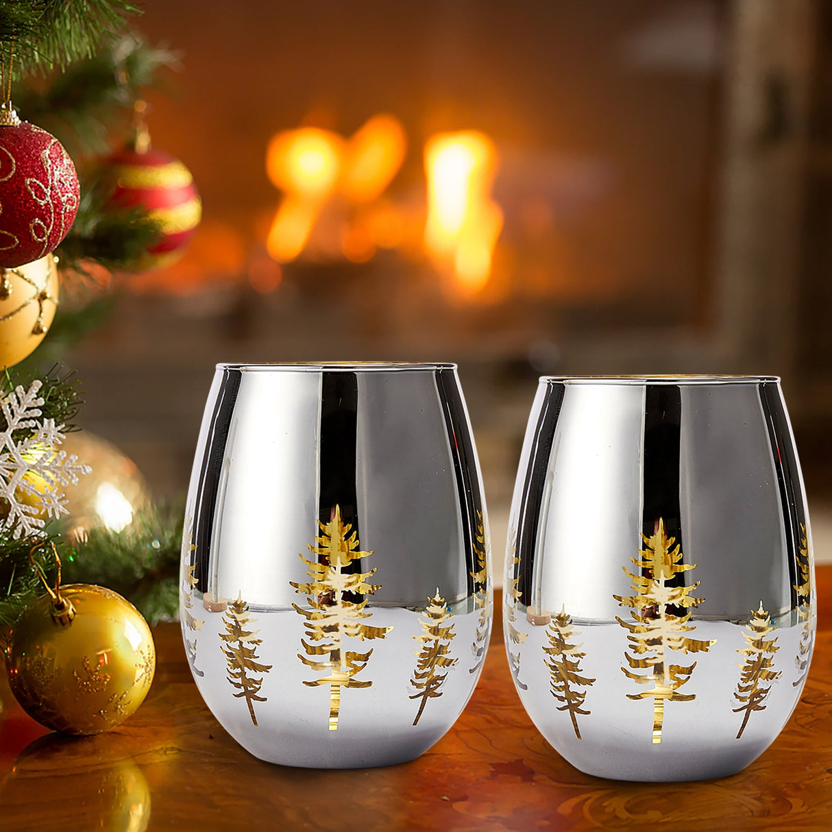 Crystal Christmas Tree Stemless Wine & Water Glasses - Set of 2 - Holiday Themed Vibrant Gold Etched Winter Snow Wonderland Frosted Glass, Perfect For Seasonal Parties, Gifts for Him & Her Trees Décor from The Wine Savant