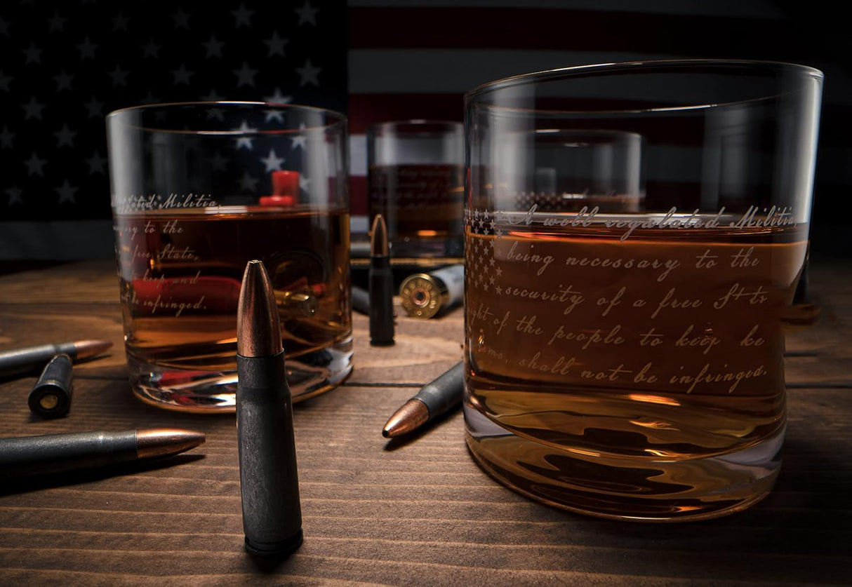 2nd Amendment American Flag Whiskey Glasses, Set of 4 Hand Blown Old Fashioned Whiskey Rocks Glasses, Wood Flag Tray with Patriots Gun Rights Law & Military Gift Set from The Wine Savant