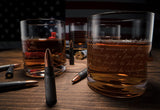 2nd Amendment American Flag Whiskey Glasses, Set of 4 Hand Blown Old Fashioned Whiskey Rocks Glasses, Wood Flag Tray with Patriots Gun Rights Law & Military Gift Set from The Wine Savant