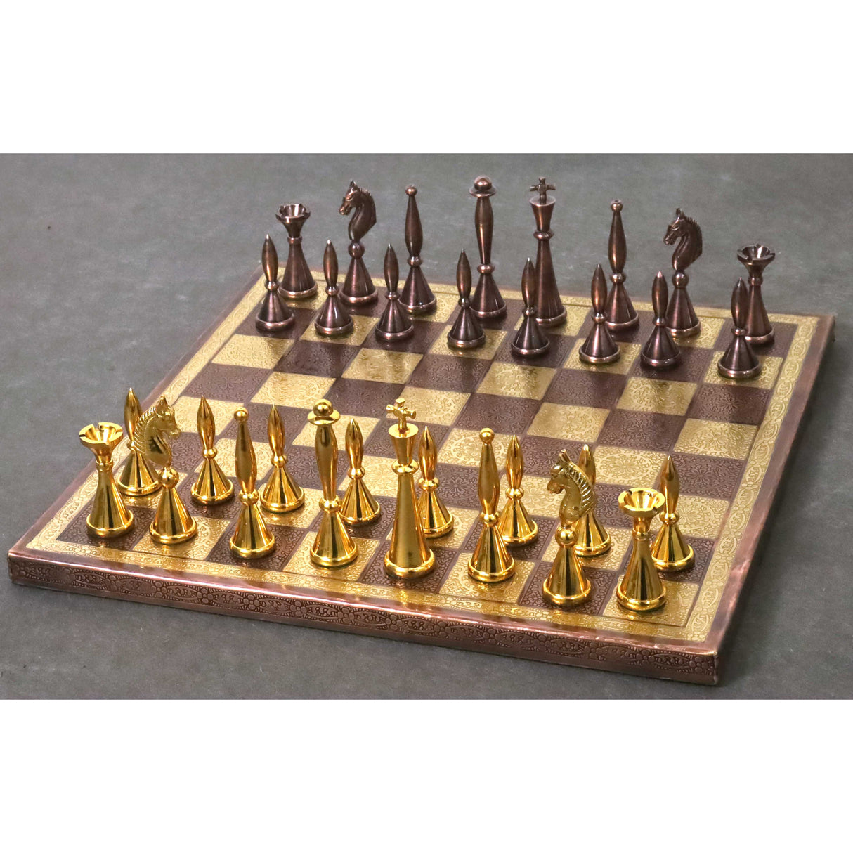 Brass Metal Modern Luxury Chess Pieces & Board Set 14" - Antique Copper & Gold From Royal Chess Mall