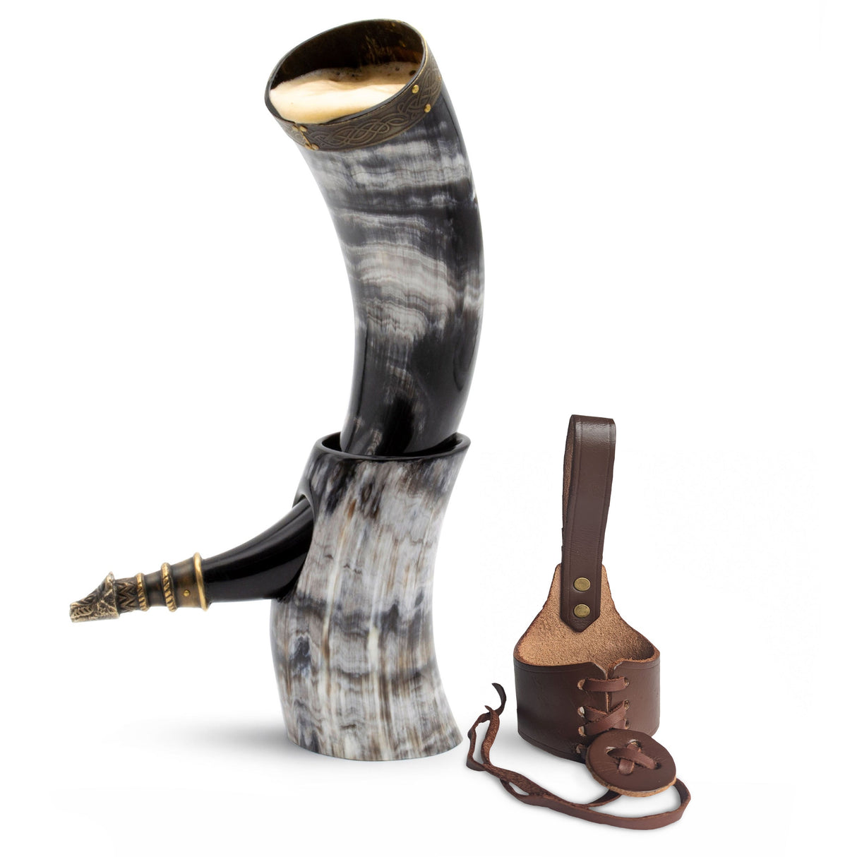 Curved Drinking Horn Bundle with Stand & Holster from Norse Tradesman