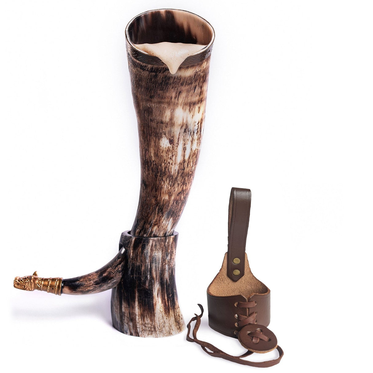 Curved Drinking Horn Bundle with Stand & Holster from Norse Tradesman