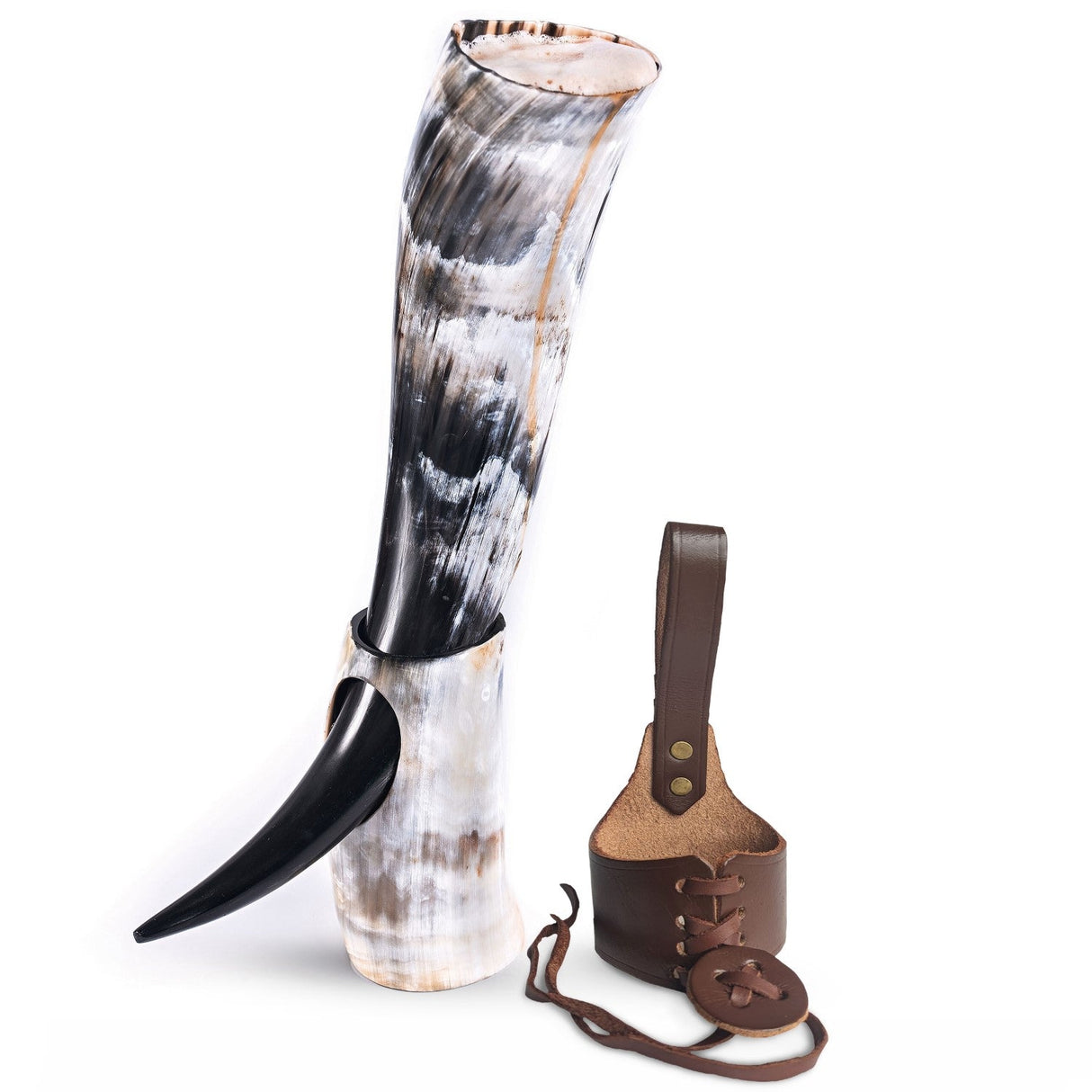 Curved Drinking Horn Bundle with Stand & Holster from Norse Tradesman