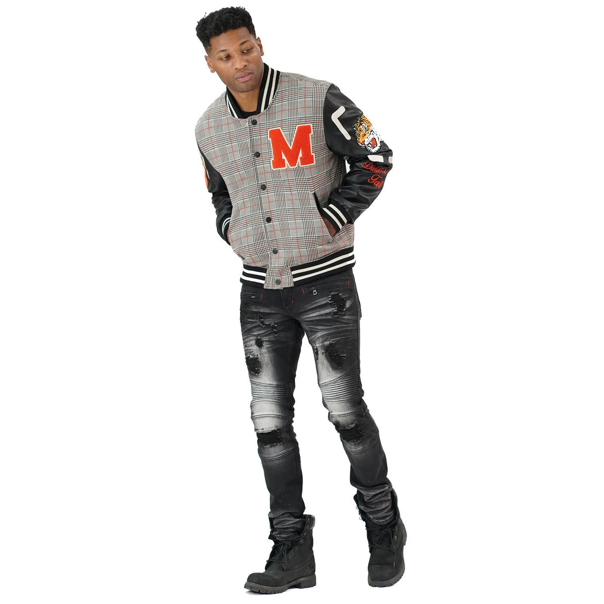 M4315 Vercelli Plaid Varsity Jacket - Black From Makobi Jeans USA