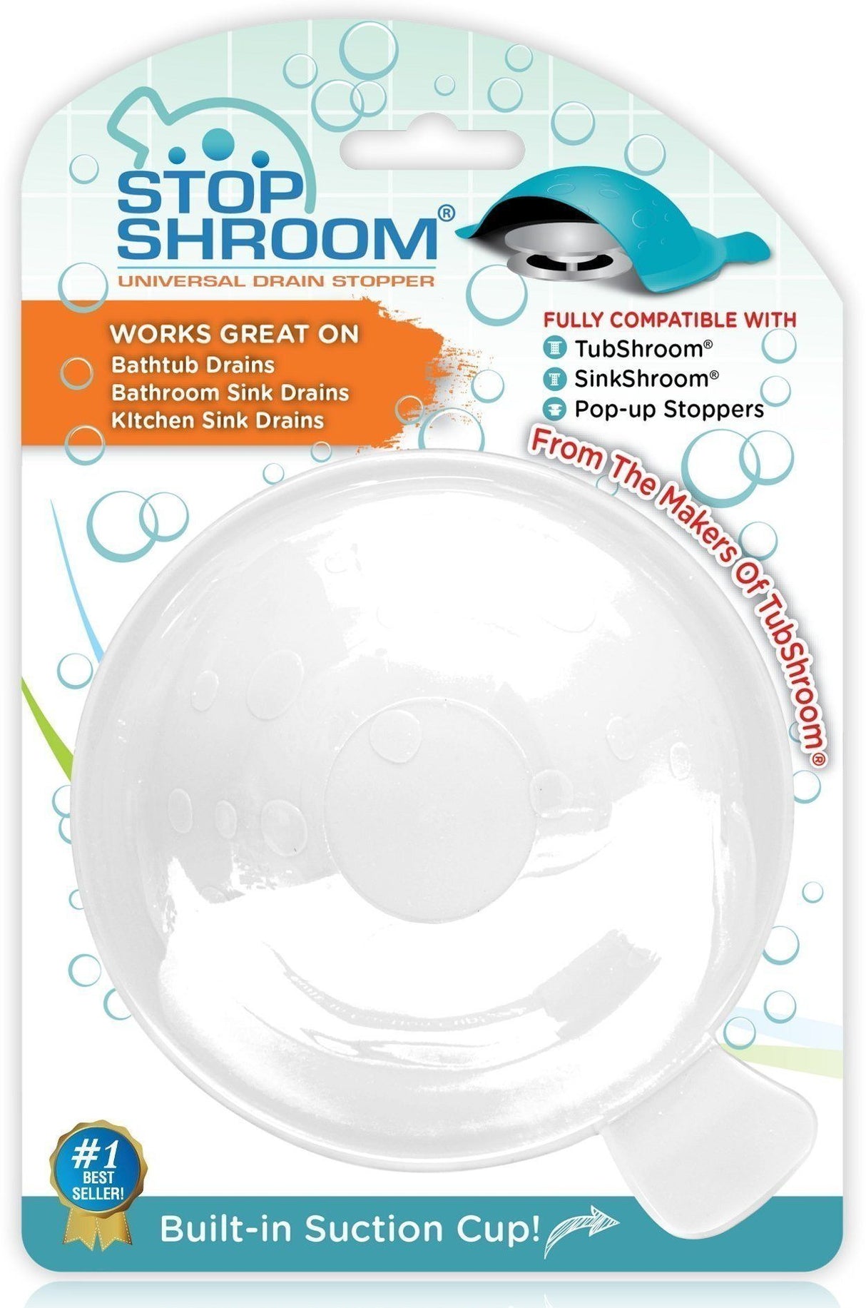 StopShroom (White) Universal Stopper Cover for Bathtub, Bathroom, and Kitchen Drains from TubShroom.com