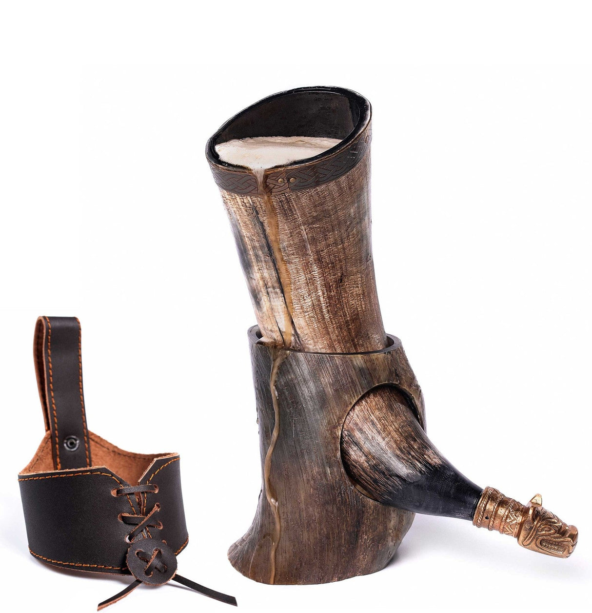 Curved Drinking Horn Bundle with Stand & Holster from Norse Tradesman