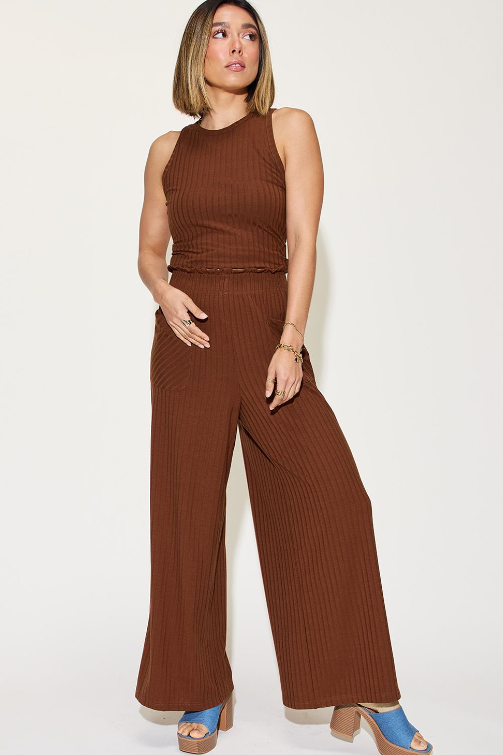 Basic Bae Full Size Ribbed Tank and Wide Leg Pants Set from Enfance-Heureuse