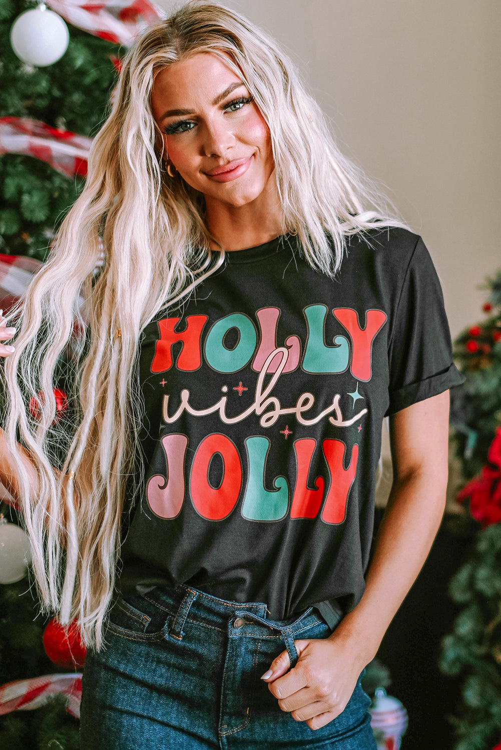 Black HOLLY JOLLY Vibes Christmas Crew Neck T Shirt from MsDressly