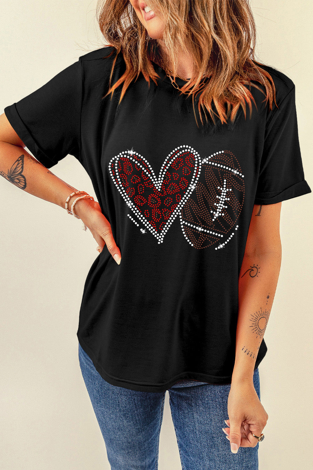Black Rhinestone Rugby Football Heart Shape Graphic T Shirt from MsDressly