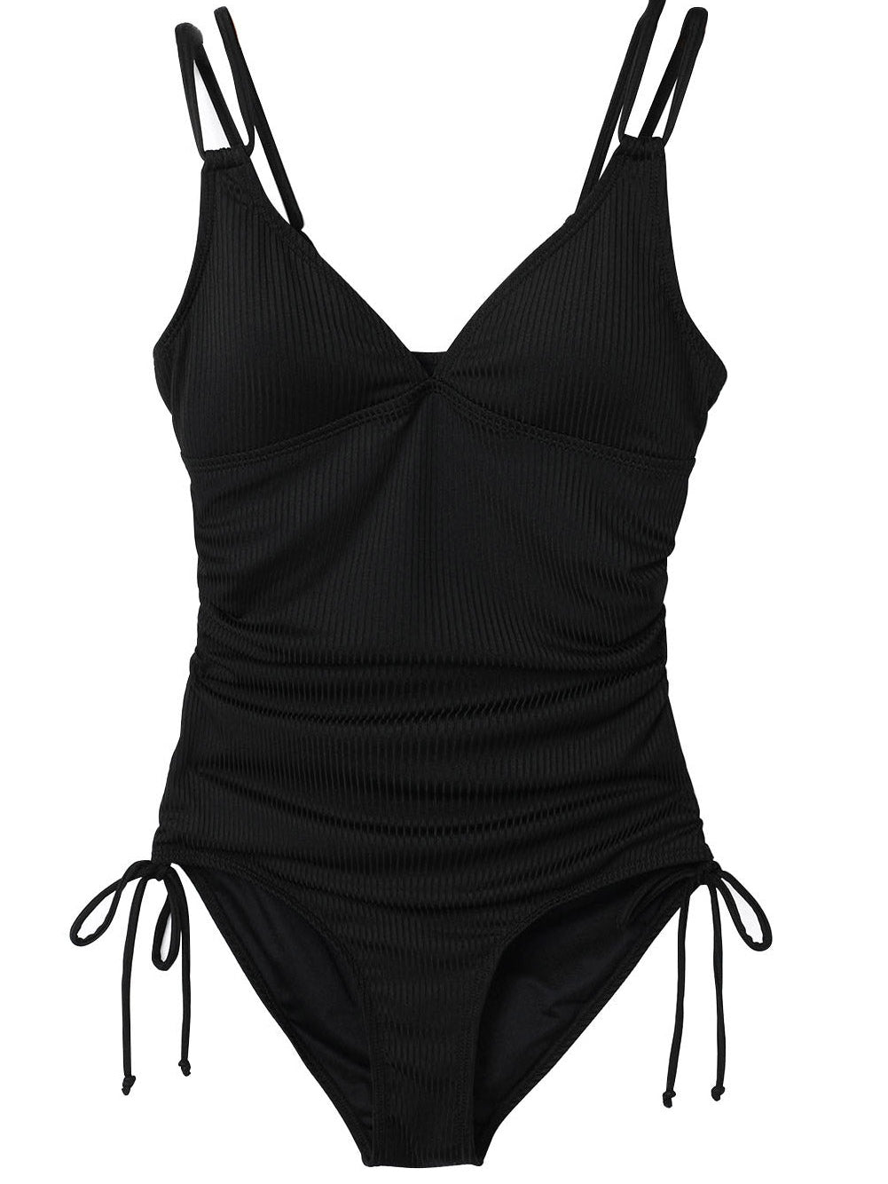 Beach Babe Black Ribbed Knit One Piece Swimsuit with Adjustable Straps from MsDressly