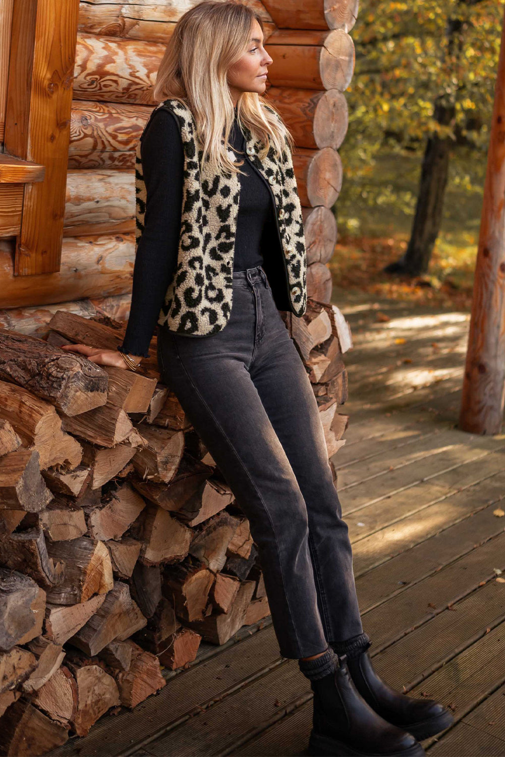 Black Leopard Print Sherpa Vest Coat From MsDressly