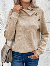 Apricot Textured High Neck Sweatshirt with Unique Asymmetrical Buttons from MsDressly